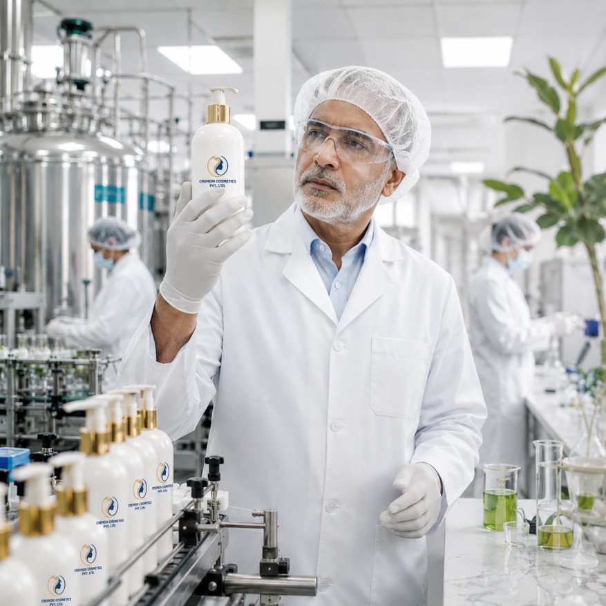 Cosmetic quality control scientist inspecting private label hair care products in a GMP-certified manufacturing facility